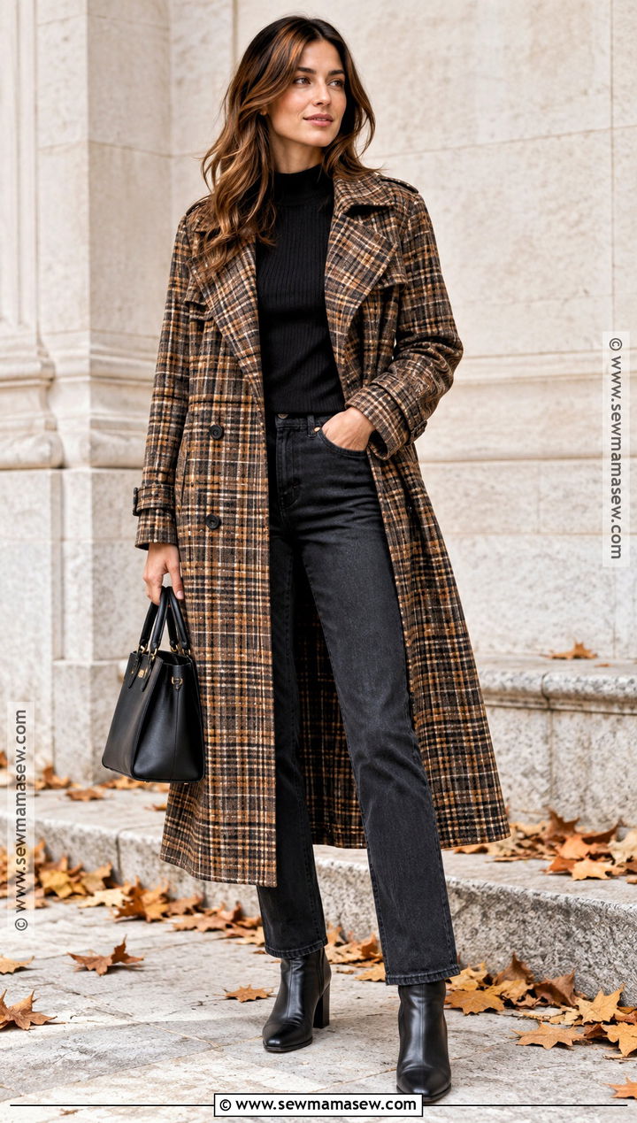 Plaid Trench Coat With Black Sweater And Jeans - 25 trench coat outfit fall ideas