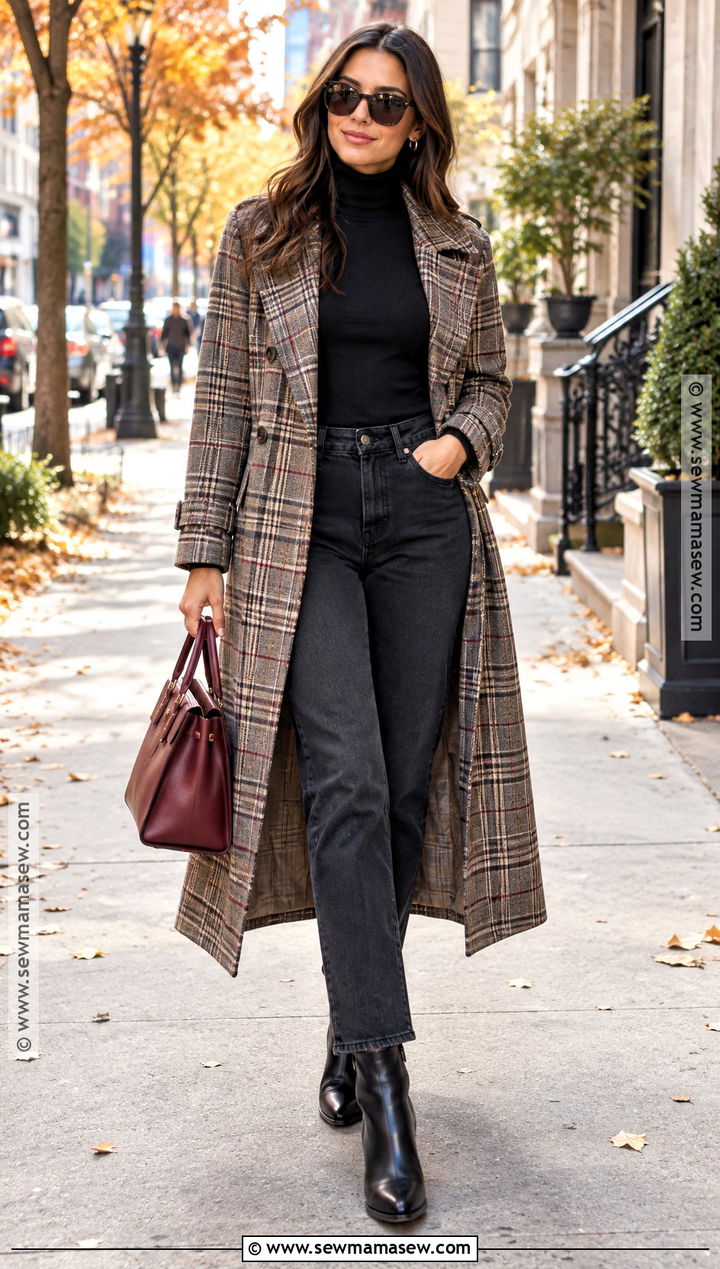 Plaid Trench Coat With Black Turtleneck And Jeans - 15 autumn fashion outfit with trench coat ideas