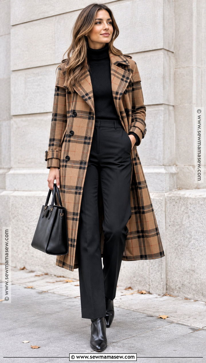 Plaid Trench Coat With Neutral Basics - 20 trench coat fall ideas