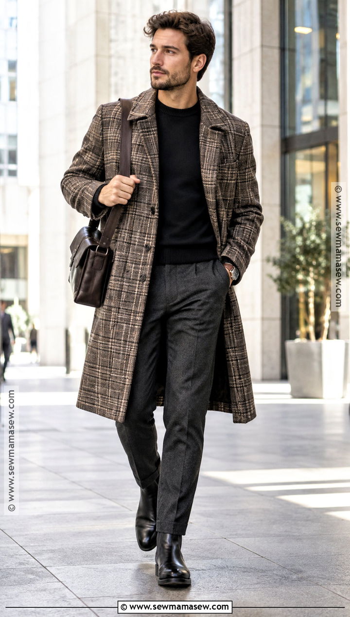 Plaid Trench Coat With Plain Sweater And Dark Pants - 15 men's autumn trench coat ideas
