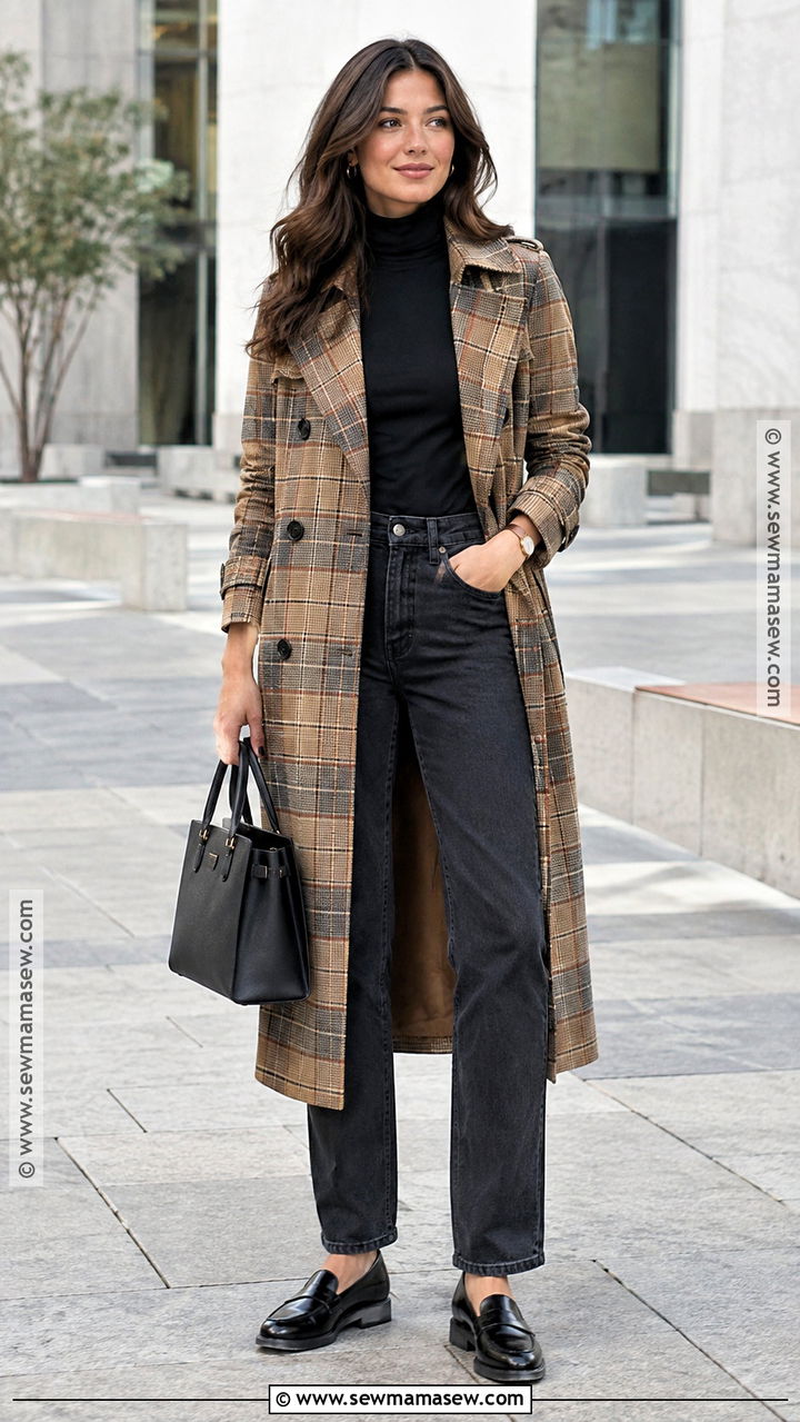 Plaid Trench Coat With Simple Basics - 20 autumn trench coat ideas