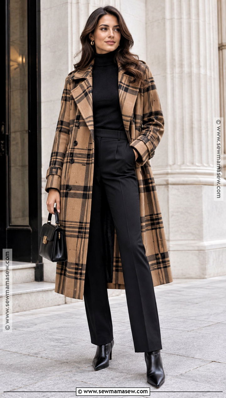 Plaid Trench Coat With Simple Black Basics - 20 autumn outfits trench coat
