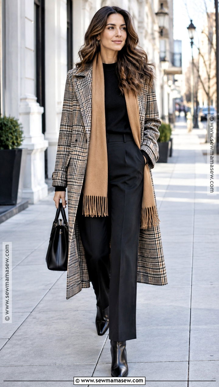 Plaid Trench Coat With Simple Black Layers - 20 autumn trench coat outfit ideas