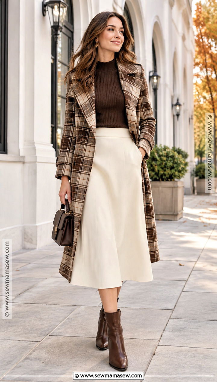 Plaid Trench Coat With Solid Sweater And Midi Skirt - 25 fall trench coat outfits