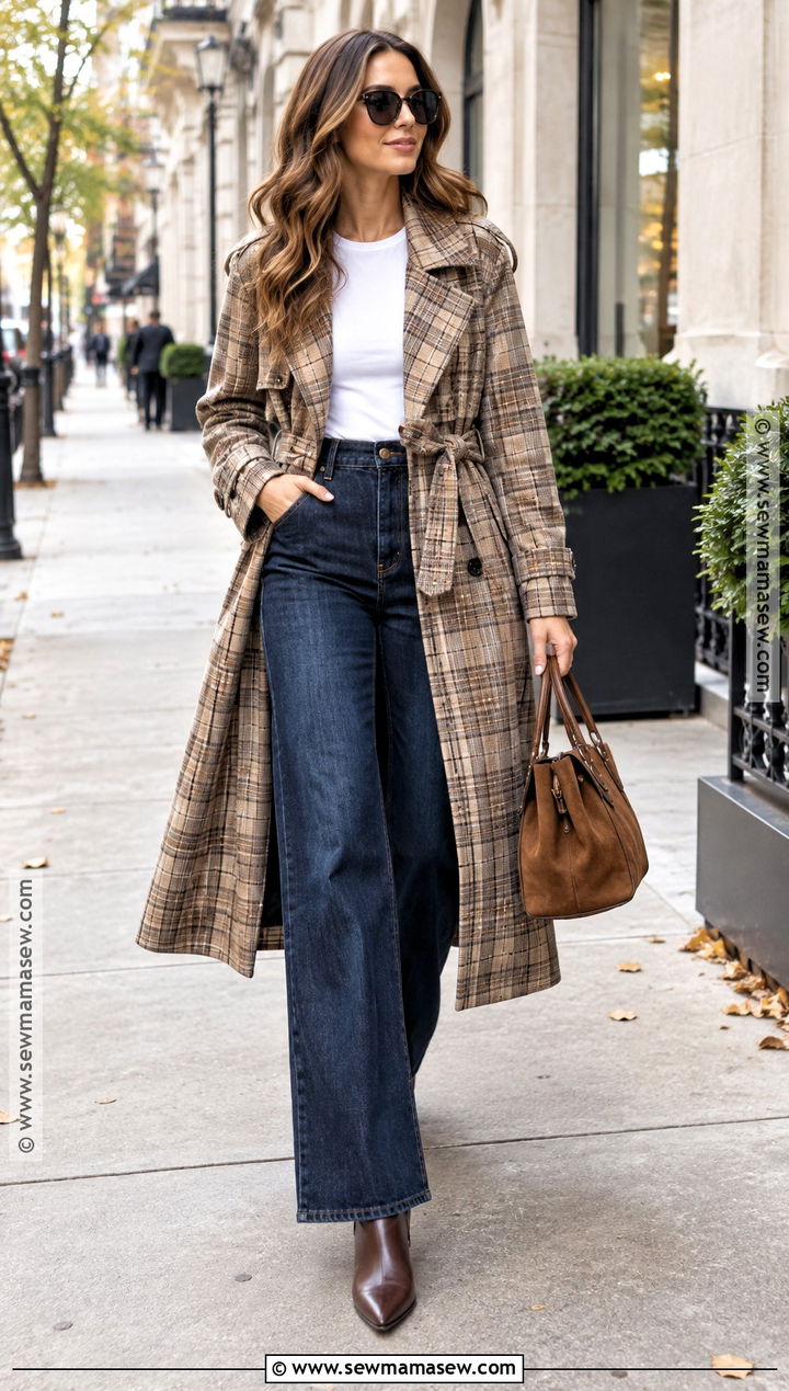 Plaid Trench Coat With Wide Leg Jeans - 15 plaid fall coat ideas