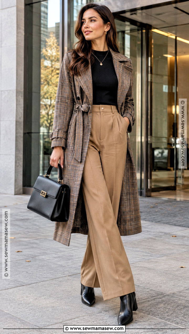 Plaid Trench Coat With Wide Leg Trousers And Heeled Boots - 15 autumn outfit with plaid coat and boots