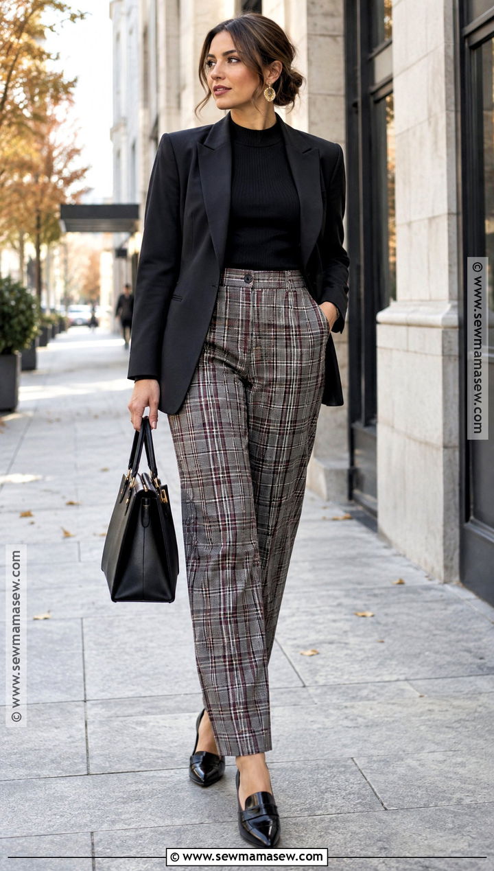 Plaid Trousers And Black Blazer Fall Outfit - 25 dressy fall outfits