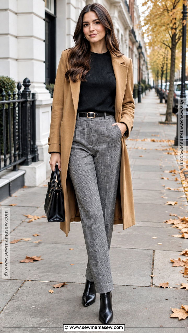 Plaid Trousers And Black Sweater Dinner Outfit - 25 dinner outfit fall ideas