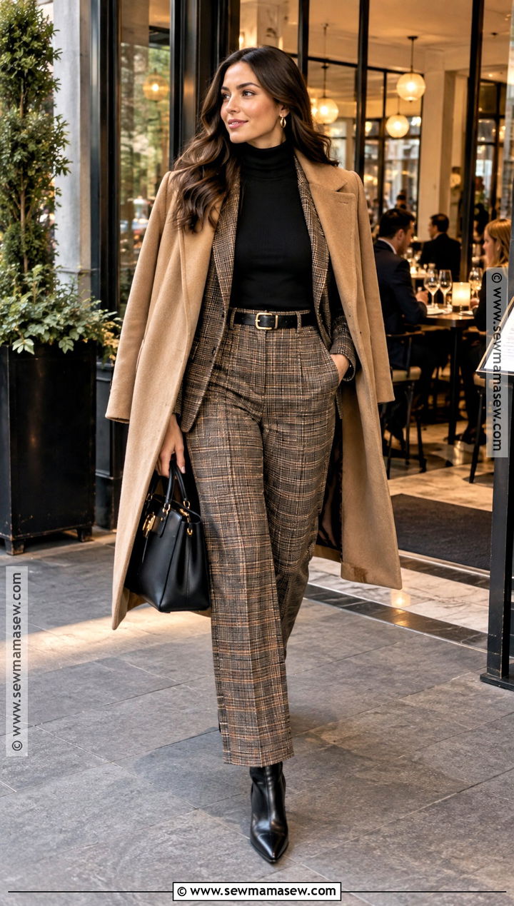 Plaid Trousers And Black Turtleneck Fall Dinner Party Outfit - 25 fall dinner party outfit ideas