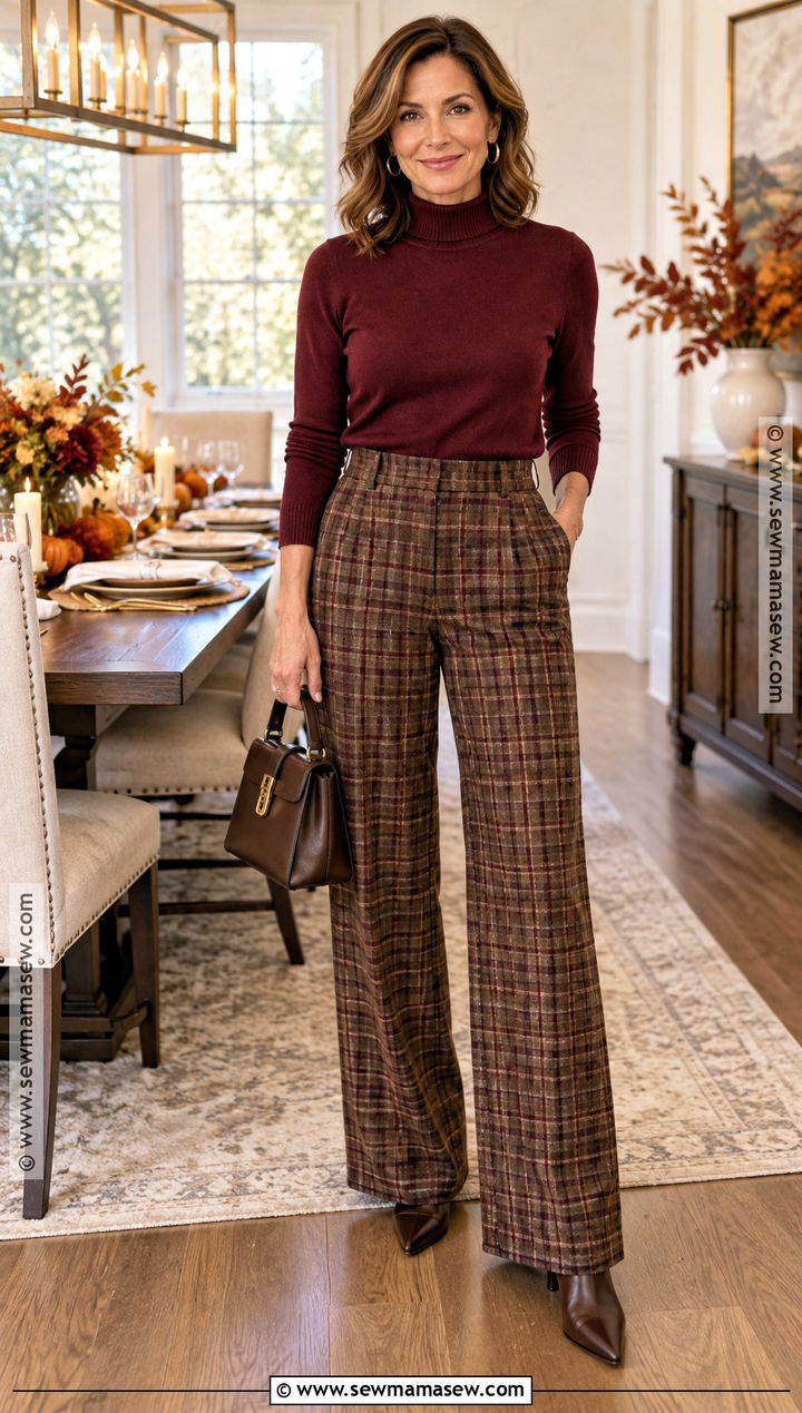 Plaid Trousers And Mock Neck Sweater Thanksgiving Outfit - 20 thanksgiving dinner outfit ideas for women
