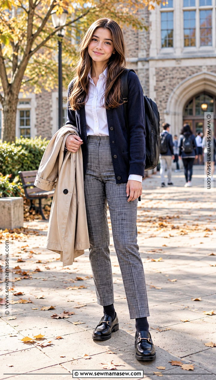 Plaid Trousers School Uniform With Long Cardigan - 20 Autumn School Uniform Ideas