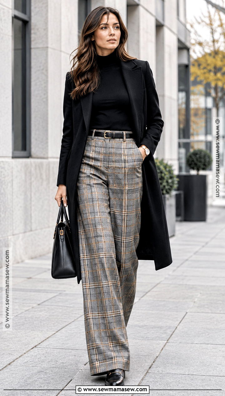 Plaid Trousers With Black Turtleneck - 15 Autumn Workwear Outfit Ideas
