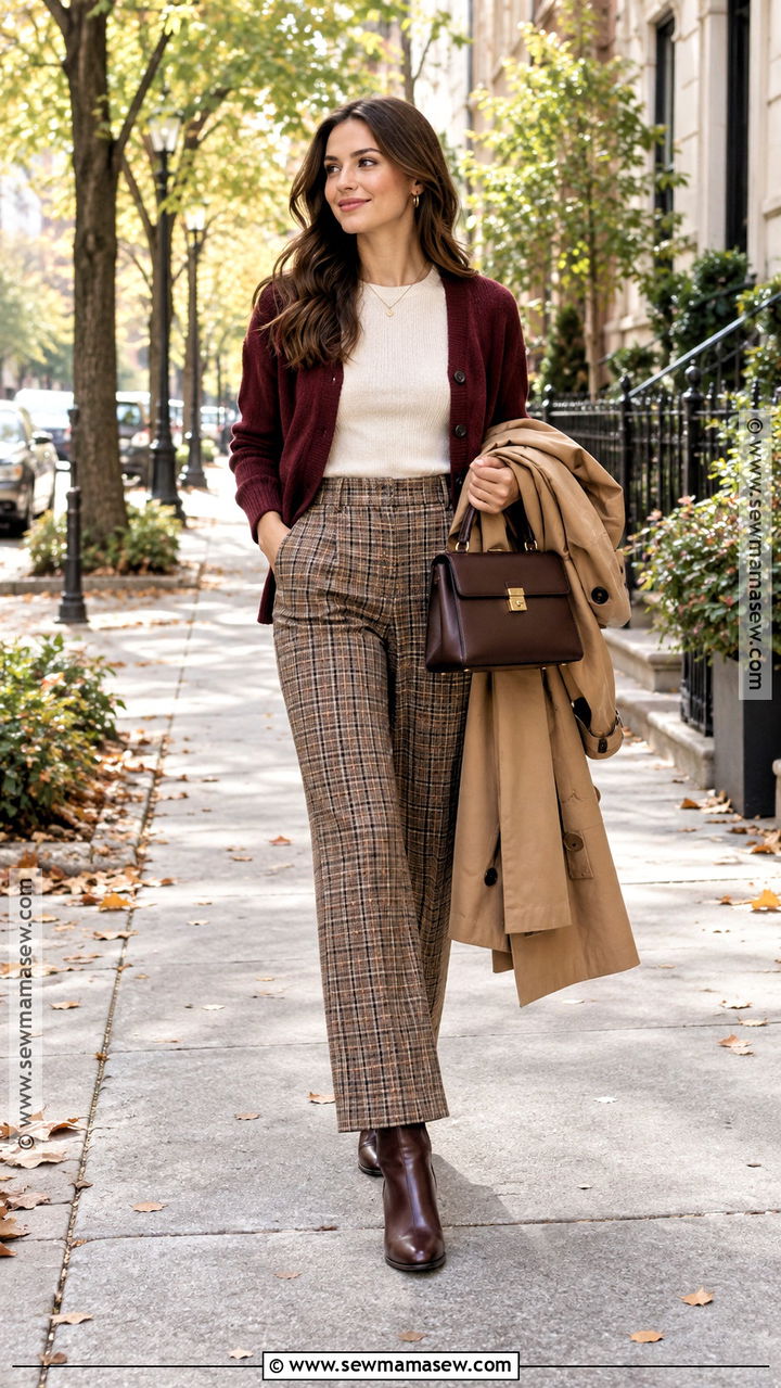 Plaid Trousers With Cardigan And Ankle Boots - 20 fall outfits trousers