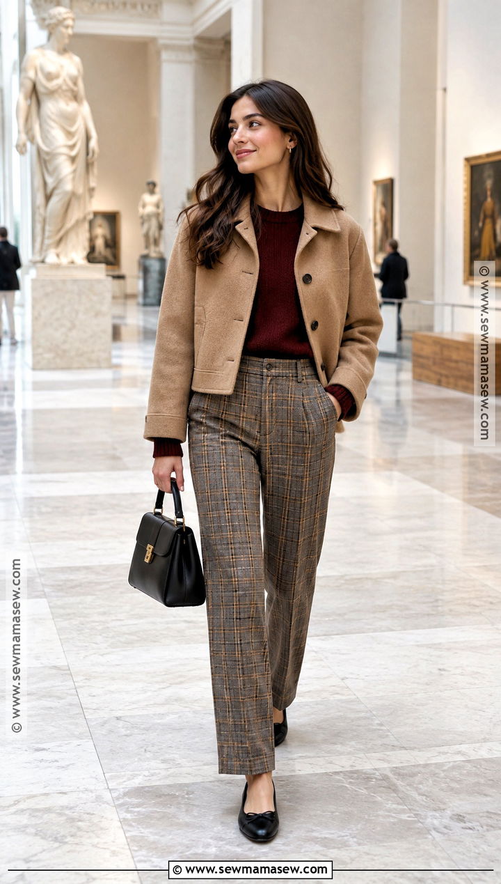 Plaid Trousers With Fine Knit Sweater And Ballet Flats - 20 trousers fall outfit ideas