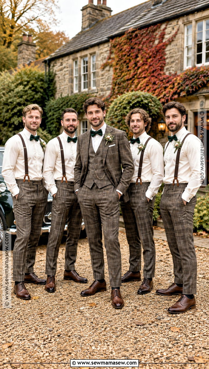 Plaid Trousers With Solid Brown Suspenders - 15 fall groomsmen attire suspenders ideas
