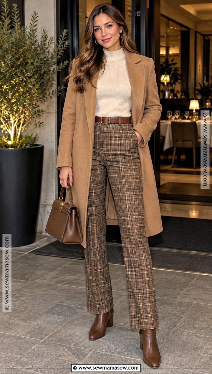 Plaid Trousers and Fine Knit Sweater Autumn Dinner Outfit - 25 autumn dinner outfit ideas