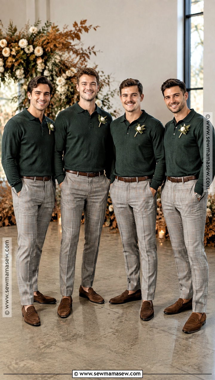 Plaid Trousers and Knit Polo Groomsmen Attire - 15 groomsmen attire casual fall ideas