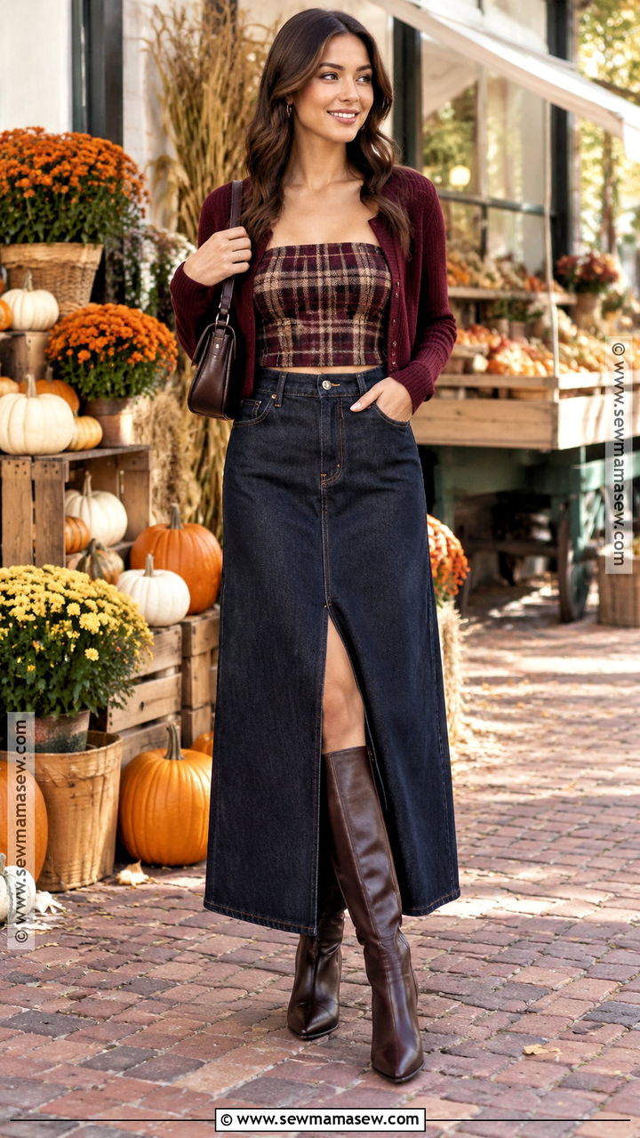 Plaid Tube Top With Denim Maxi Skirt And Boots - 20 Tube Top Fall Outfit Ideas
