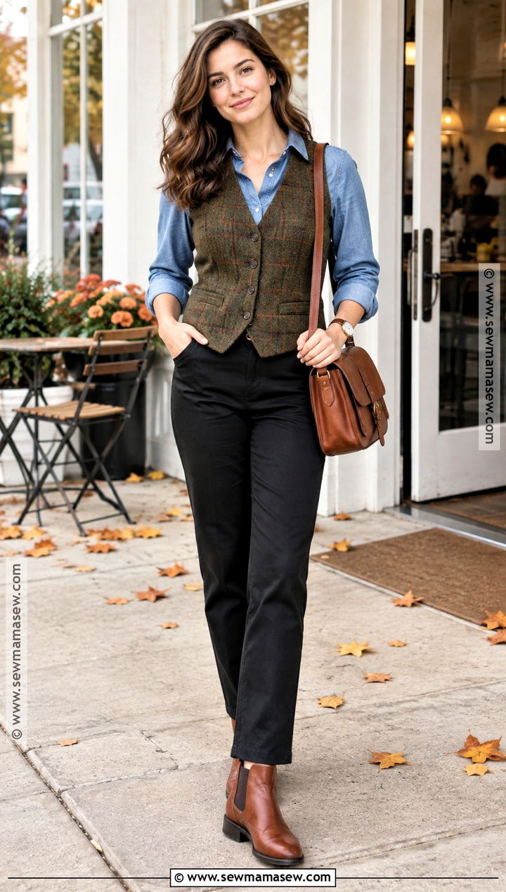 Plaid Vest With Denim Shirt And Black Pants - 15 Fall Fashion Plaid Vest Ideas