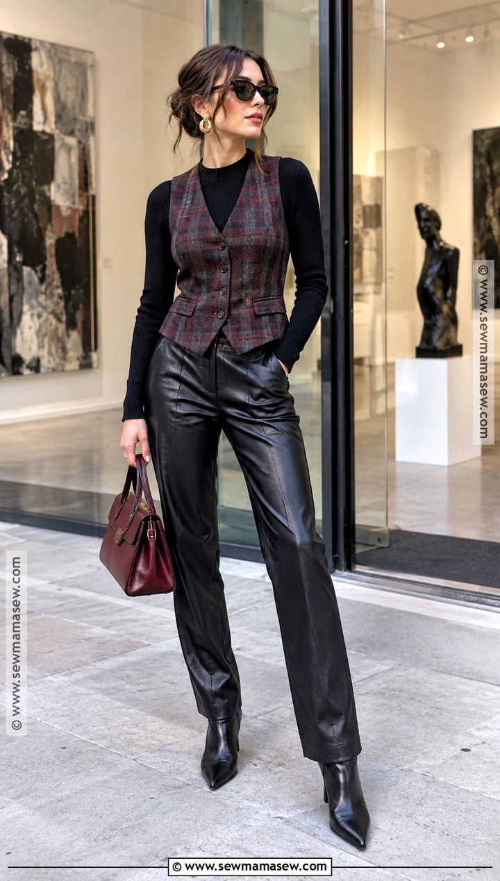 Plaid Vest With Leather Pants And Ankle Boots - 15 Fall Fashion Plaid Vest Ideas