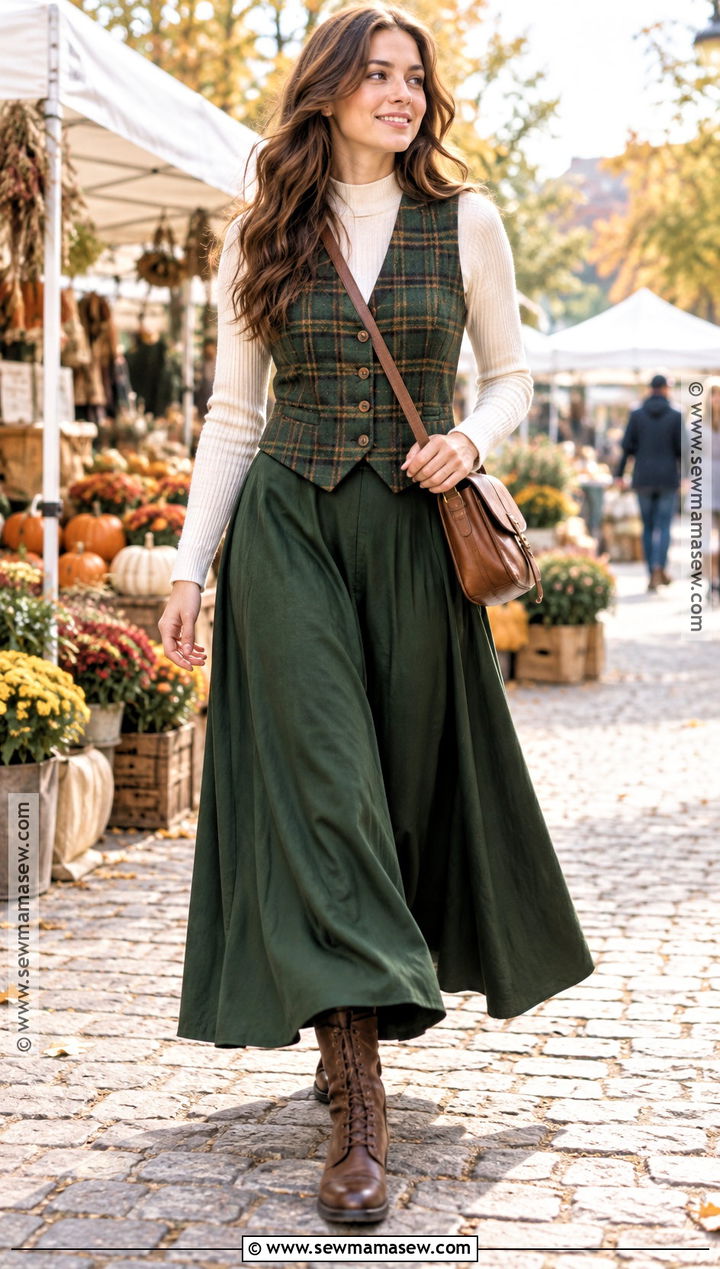 Plaid Vest With Maxi Skirt And Lace Up Boots - 15 Fall Fashion Plaid Vest Ideas
