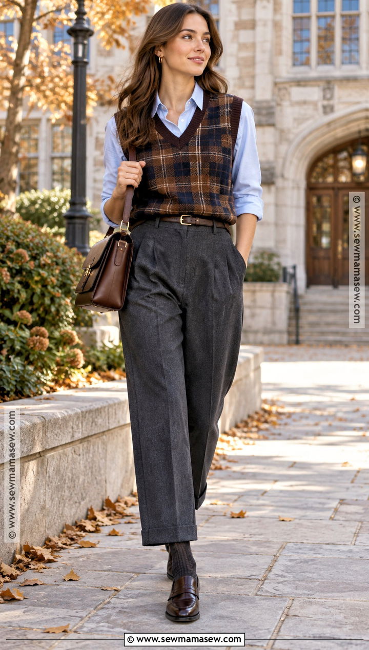 Plaid Vest With Oxford Shirt and Trousers - 15 autumn plaid clothing stack ideas