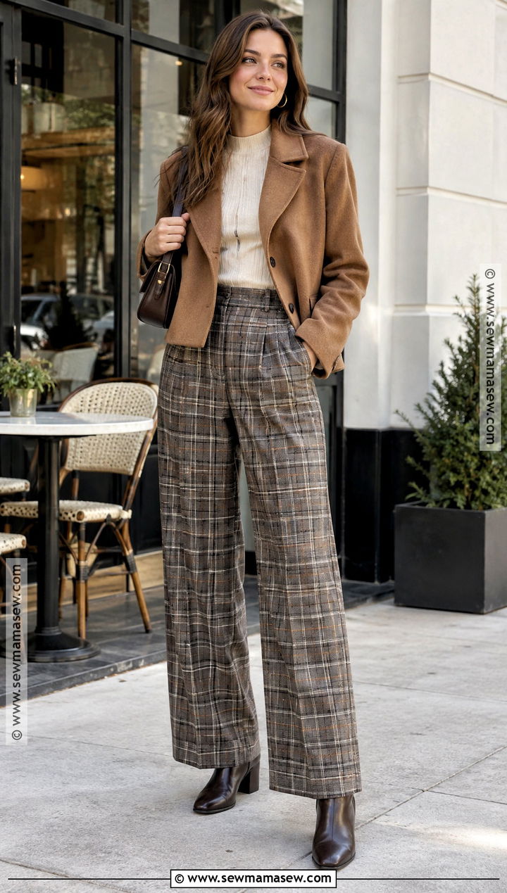 Plaid Wide Leg Pants With Fitted Knit And Ankle Boots - 15 fall fashion wide-leg pants