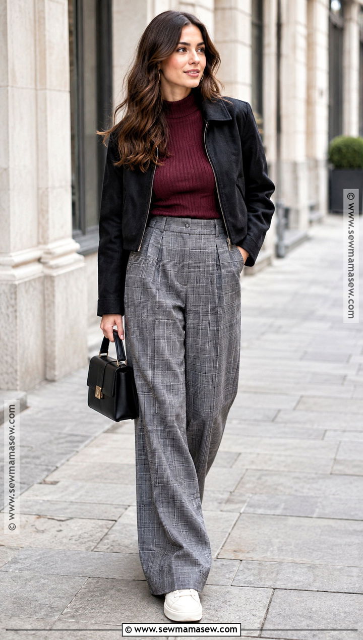 Plaid Wide Leg Pants With Fitted Knit And Sneakers - 25 fall plaid ideas