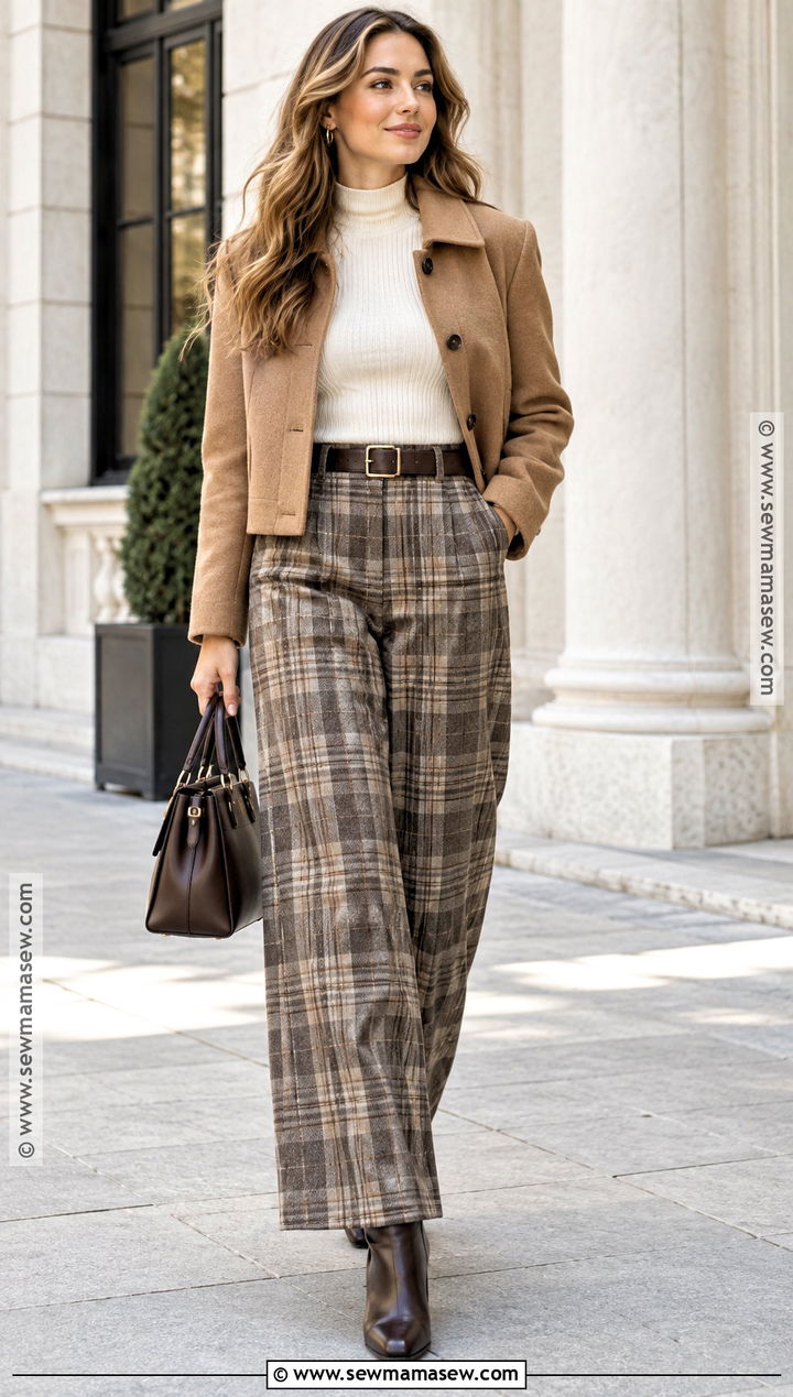 Plaid Wide Leg Pants With Fitted Knit Top - 20 wide leg pants outfit fall