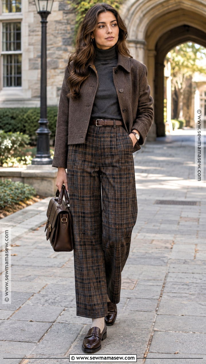 Plaid Wide Leg Pants With Fitted Sweater And Loafers - 20 wide leg pants fall outfit