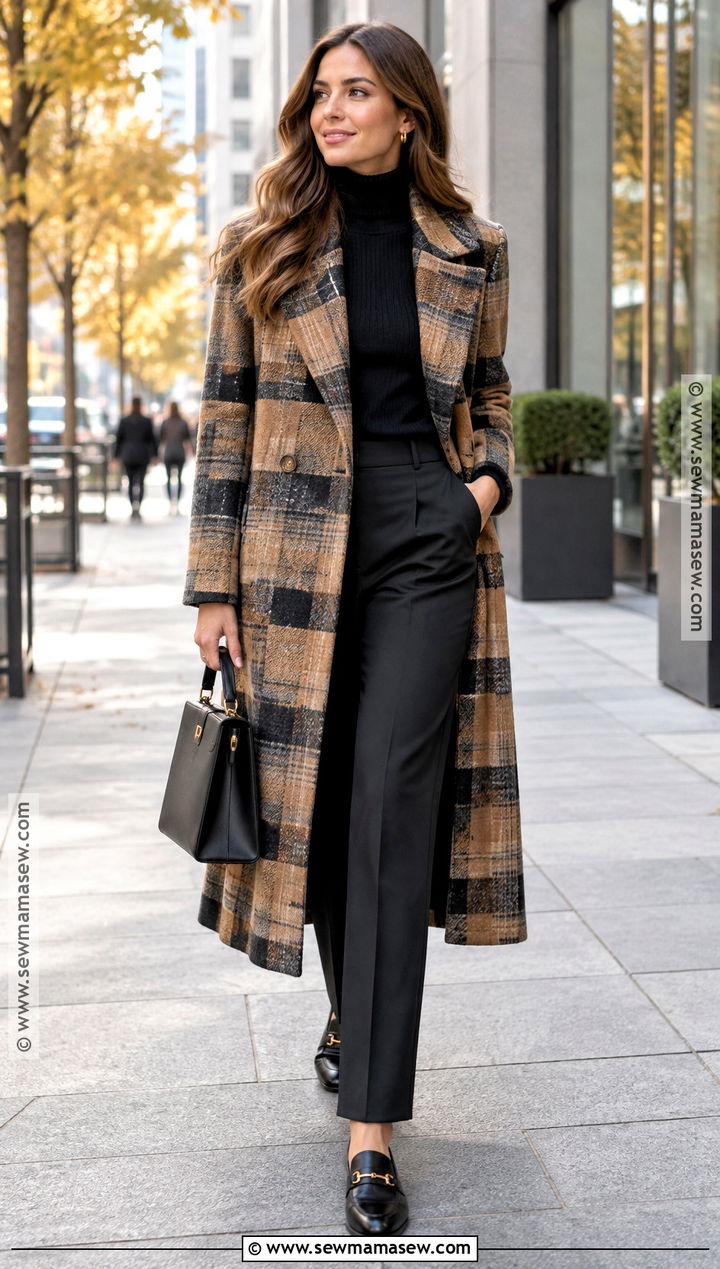 Plaid Wool Coat With Black Trousers - 25 autumn coat outfit ideas