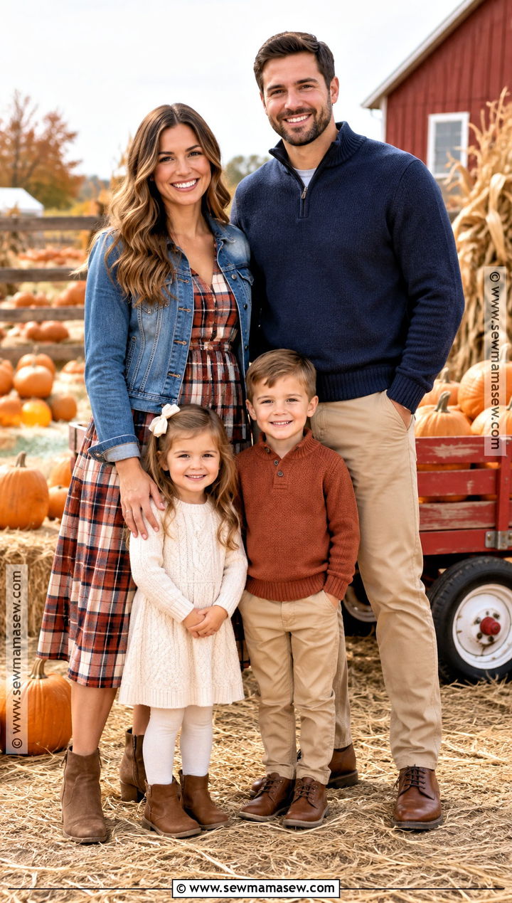 Plaid and Solid Color Family Pumpkin Patch Outfit - 15 fall pumpkin patch outfit ideas for family