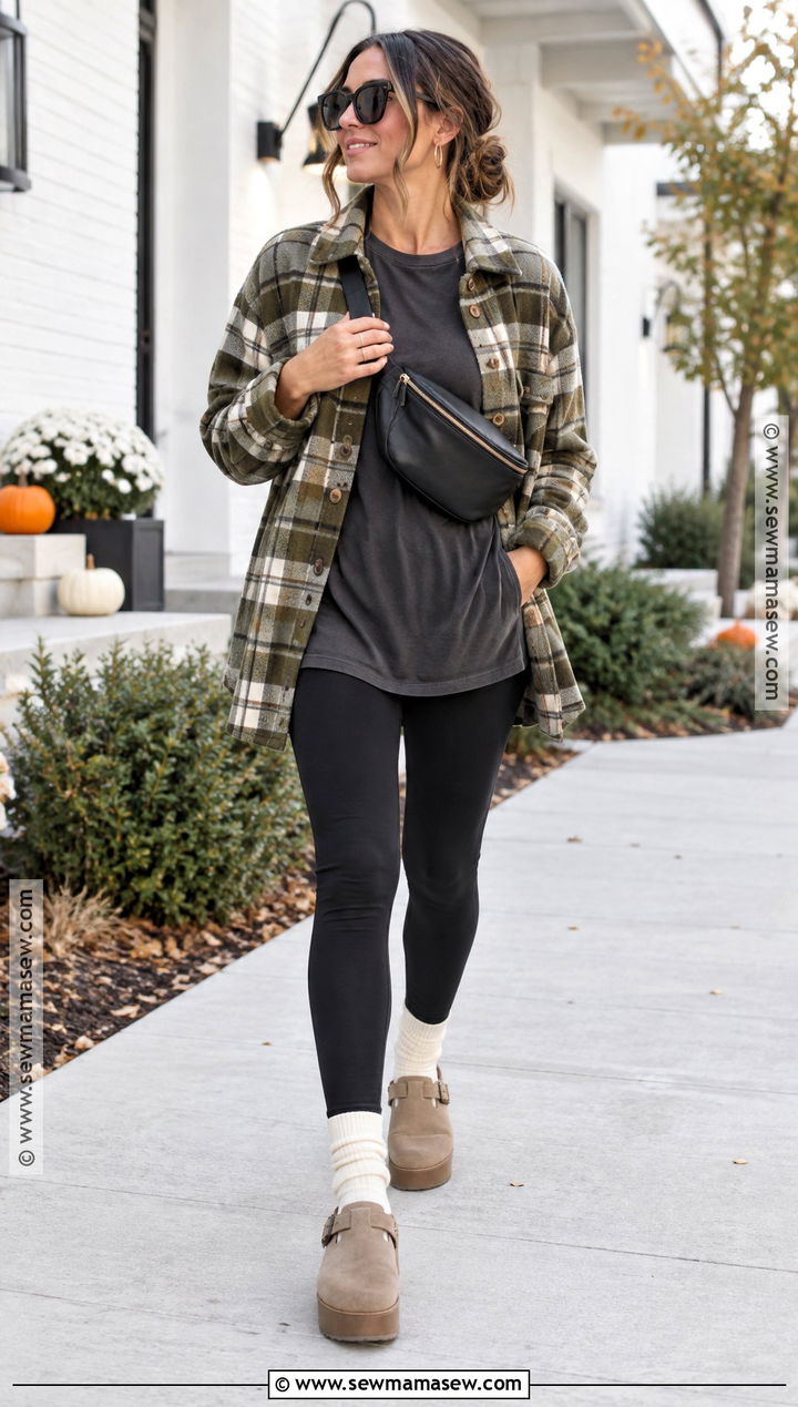 Platform Clogs With Black Leggings and Shacket - 15 Platform Clogs Outfit Fall Ideas
