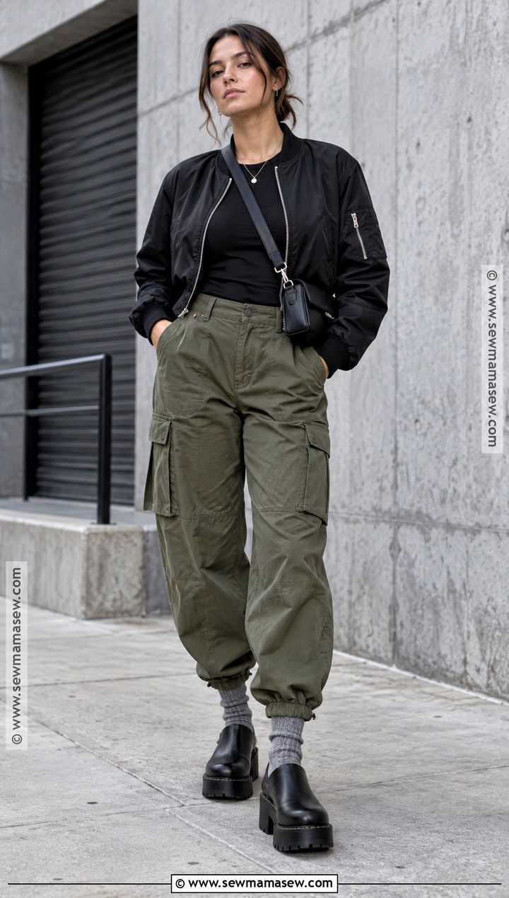 Platform Clogs With Cargo Pants and Bomber Jacket - 15 Platform Clogs Outfit Fall Ideas