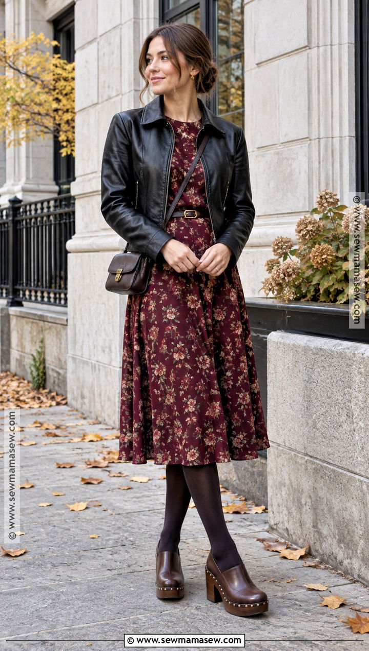 Platform Clogs With Floral Midi Dress and Leather Jacket - 15 Platform Clogs Outfit Fall Ideas