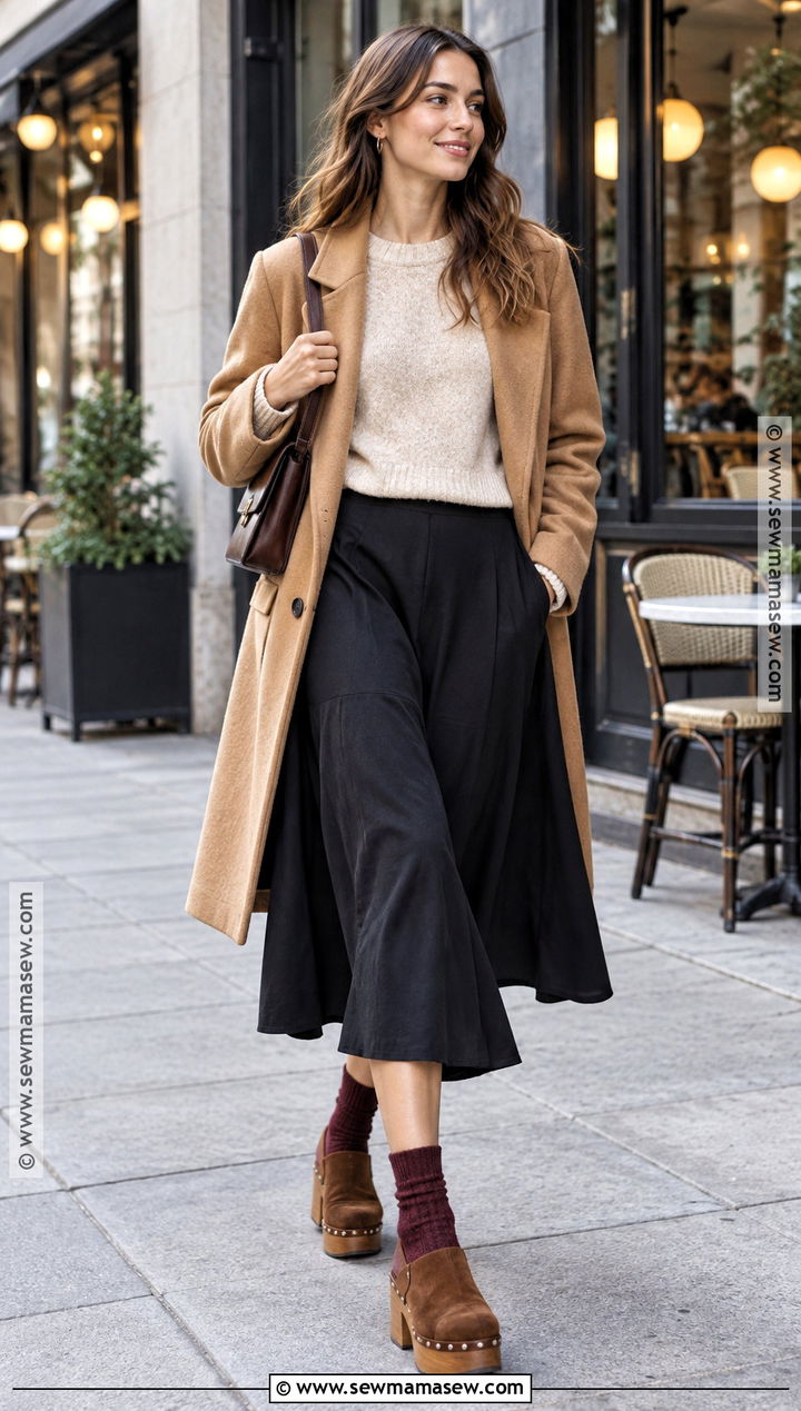 Platform Clogs With Midi Skirt and Sweater - 15 Platform Clogs Outfit Fall Ideas