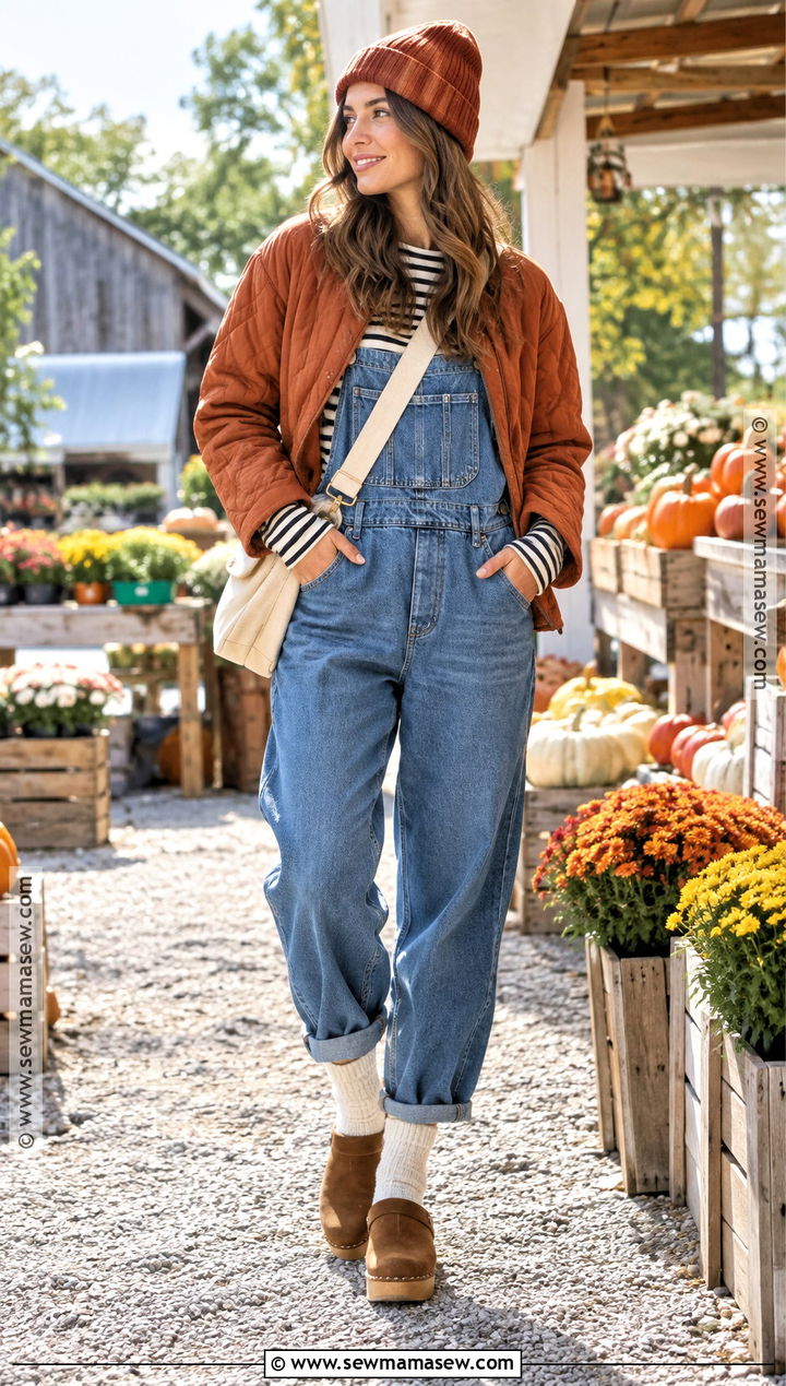 Platform Clogs With Overalls and Striped Tee - 15 Platform Clogs Outfit Fall Ideas