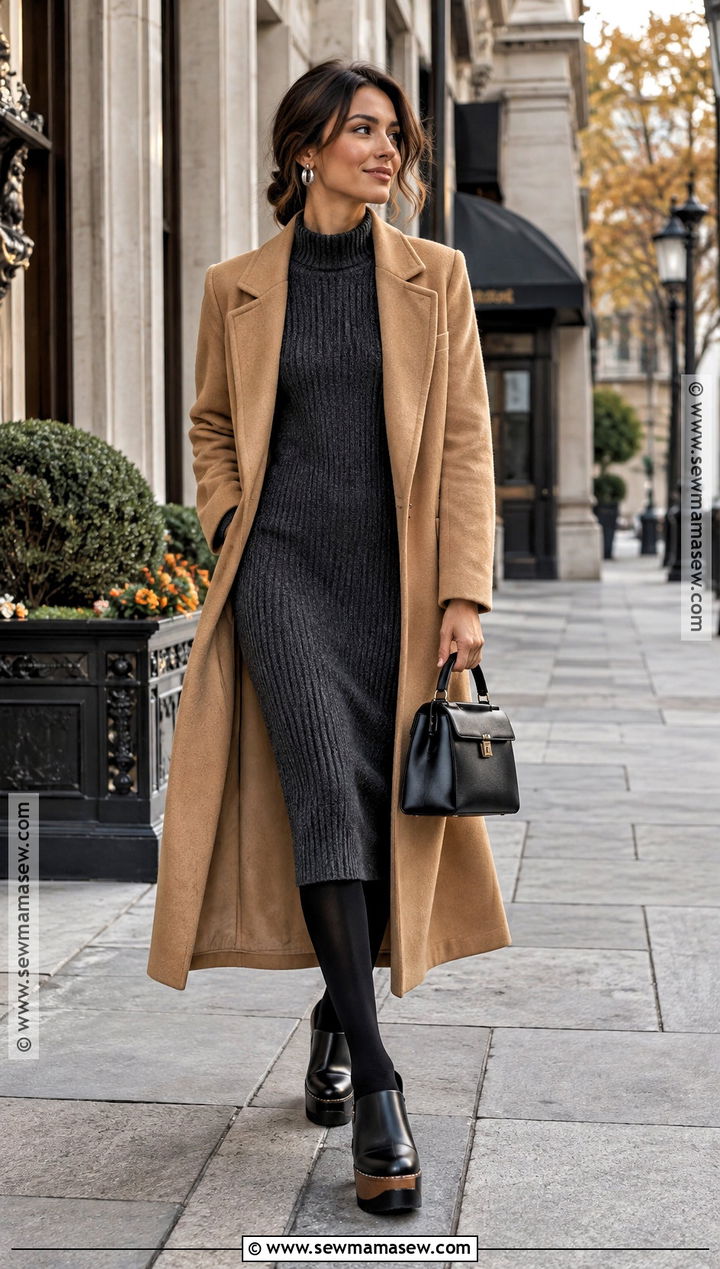 Platform Clogs With Sweater Dress and Tights - 15 Platform Clogs Outfit Fall Ideas
