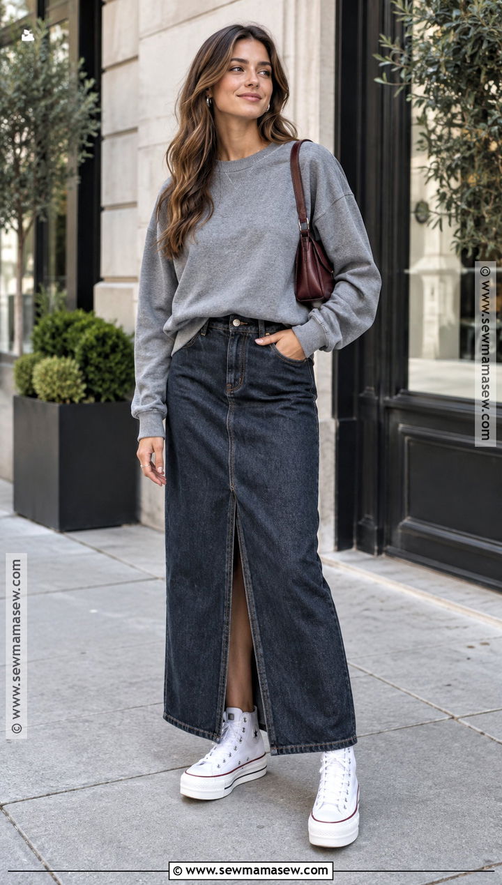 Platform Converse With Denim Maxi Skirt And Sweatshirt - 20 platform converse outfit fall ideas