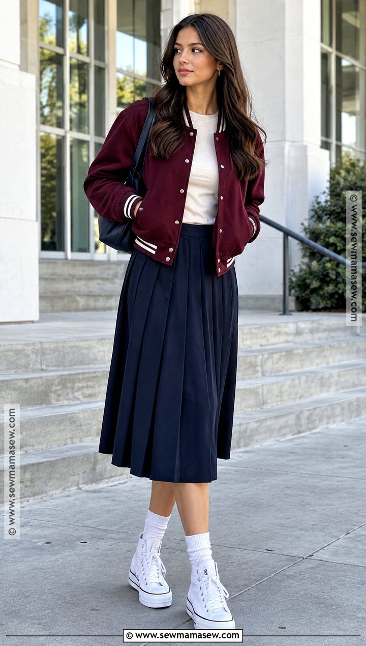 Platform Converse With Pleated Midi Skirt And Varsity Jacket - 20 platform converse outfit fall ideas