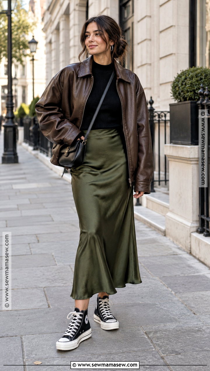 Platform Converse With Slip Skirt And Leather Jacket - 20 platform converse outfit fall ideas