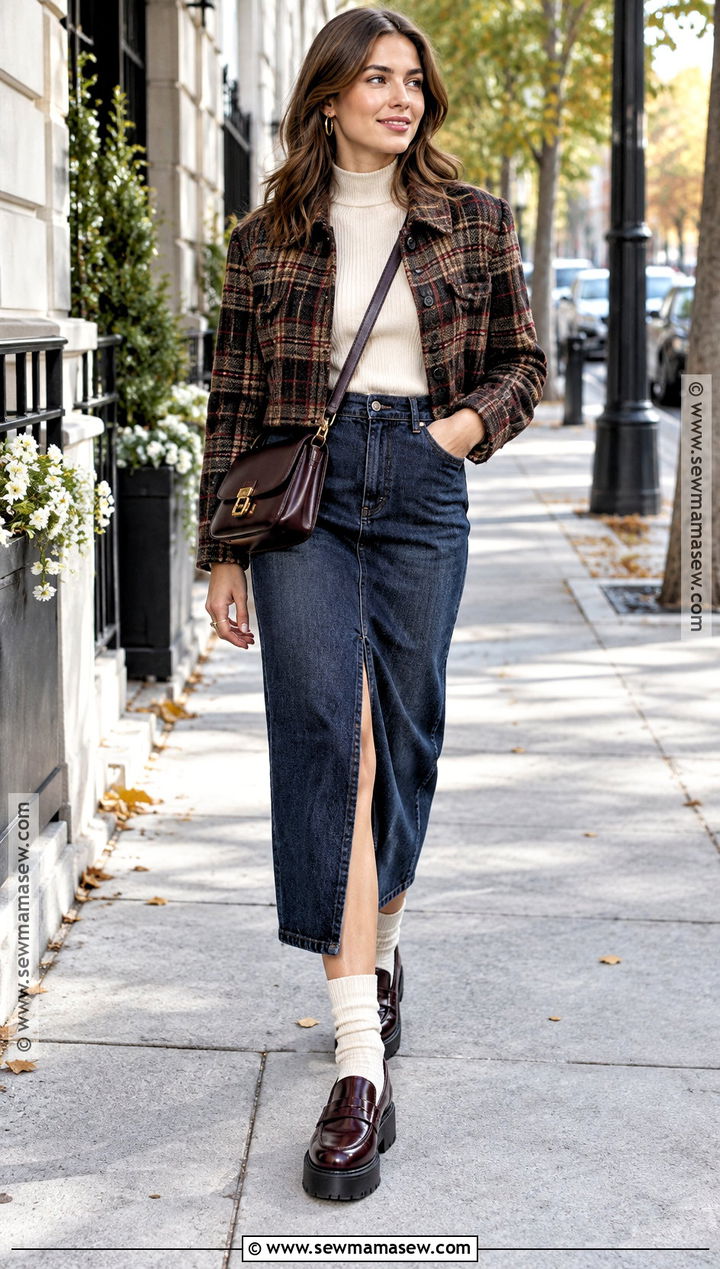 Platform Loafers With Denim Skirt Outfit - 20 cute shoes for fall