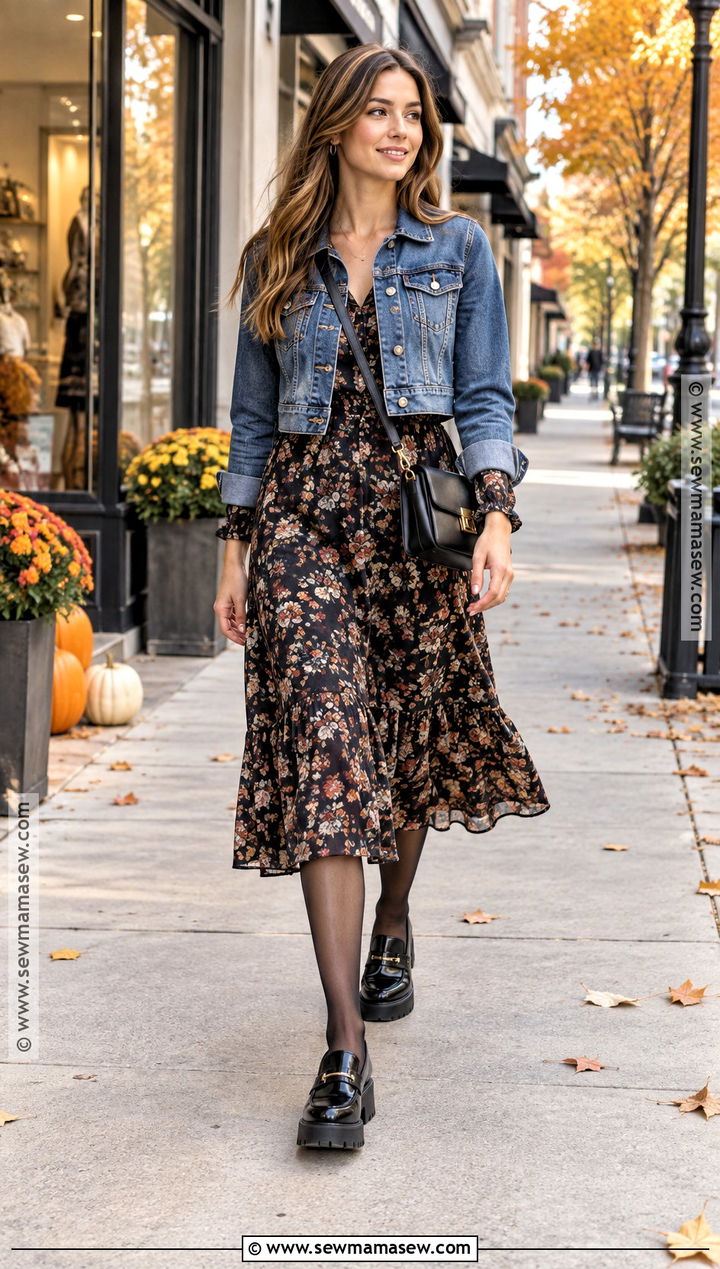Platform Loafers With Midi Dress and Denim Jacket - 25 fall loafers outfit ideas