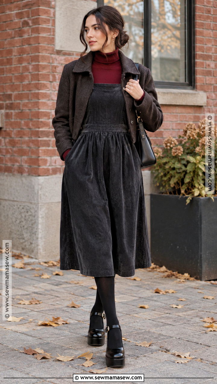 Platform Mary Jane Shoes With Pinafore Dress And Turtleneck - 20 Mary Jane Shoes Outfit Fall