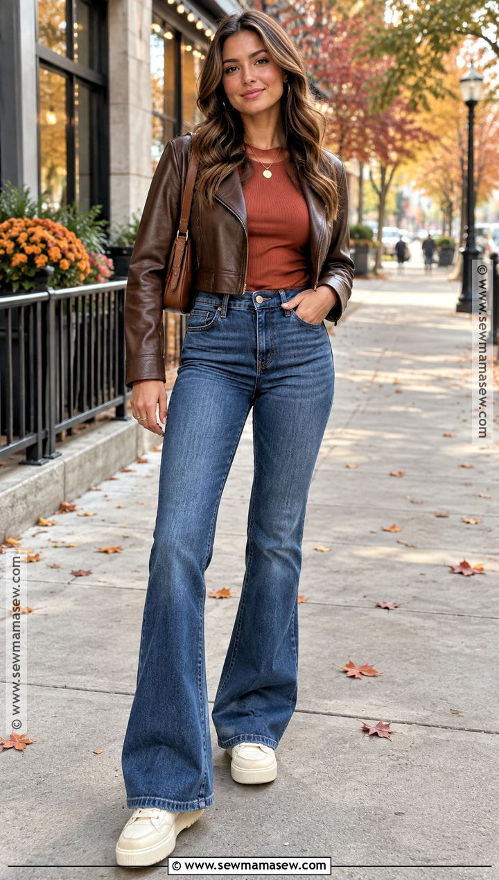 Platform Sneakers With Flared Jeans And Leather Jacket - 15 Casual Fall Sneaker Outfits
