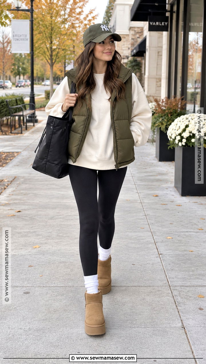 Platform UGG Boots With Leggings And Puffer Vest - 15 ugg boots outfit fall