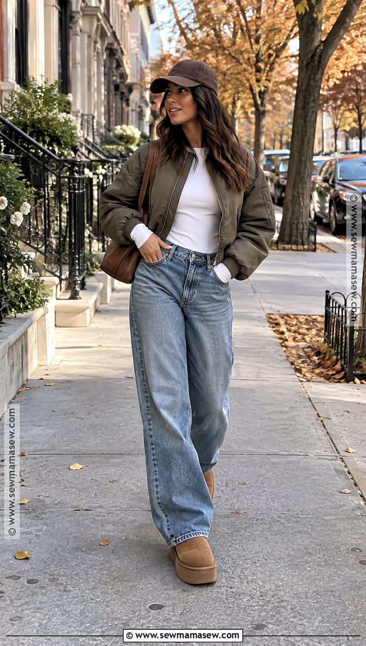 Platform Uggs With Baggy Jeans And Bomber Jacket - 15 Platform Uggs Outfit Fall Ideas