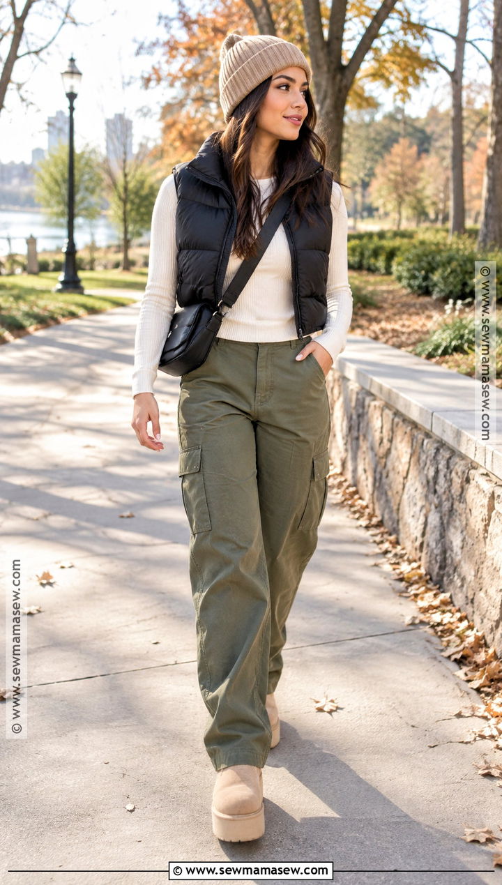 Platform Uggs With Cargo Pants And Puffer Vest - 15 Platform Uggs Outfit Fall Ideas
