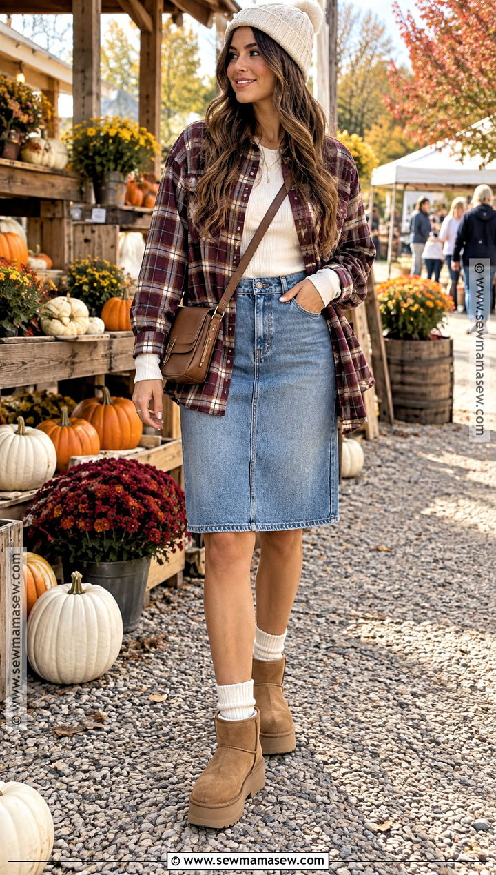 Platform Uggs With Denim Skirt And Flannel Shirt - 15 Platform Uggs Outfit Fall Ideas