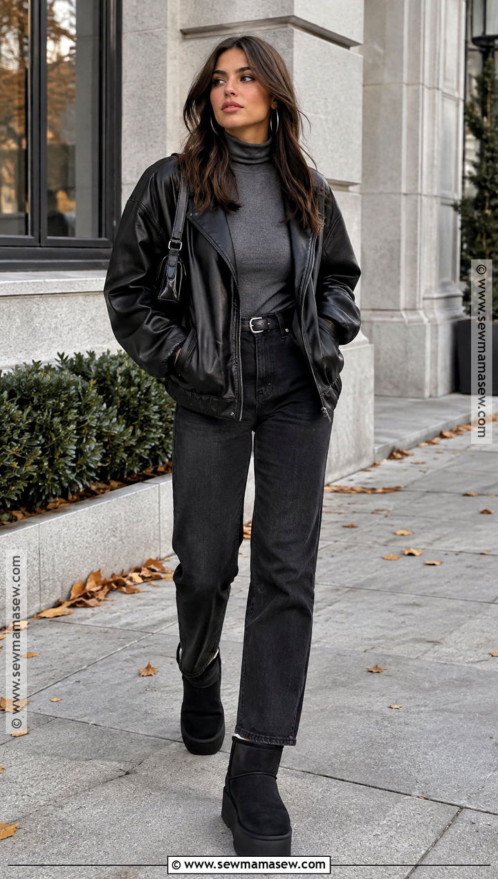 Platform Uggs With Leather Jacket And Black Jeans - 15 Platform Uggs Outfit Fall Ideas